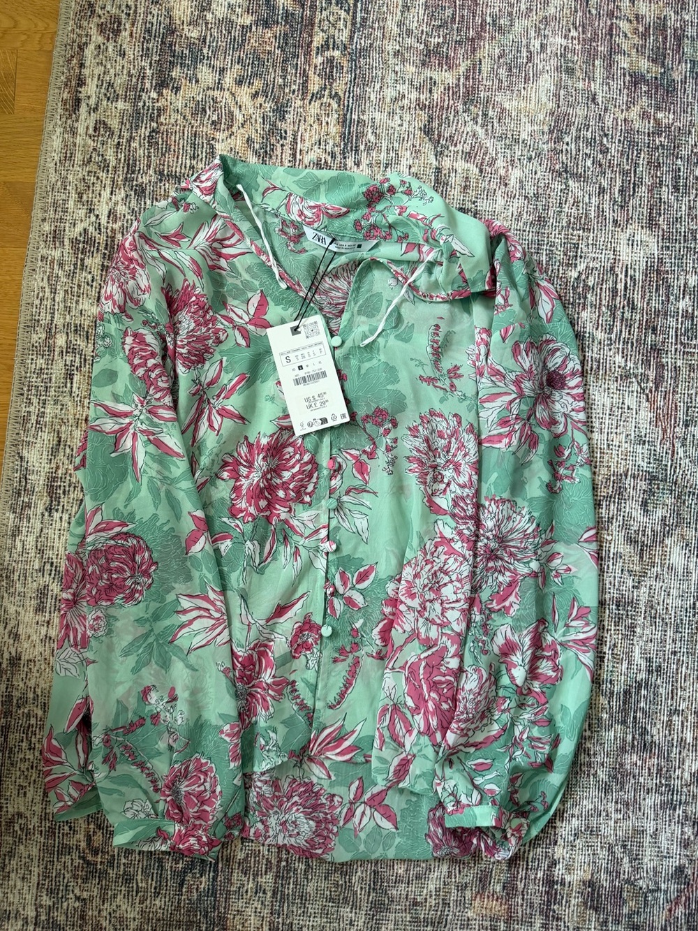 Zara Mint Green Blouse with Pink Floral Print